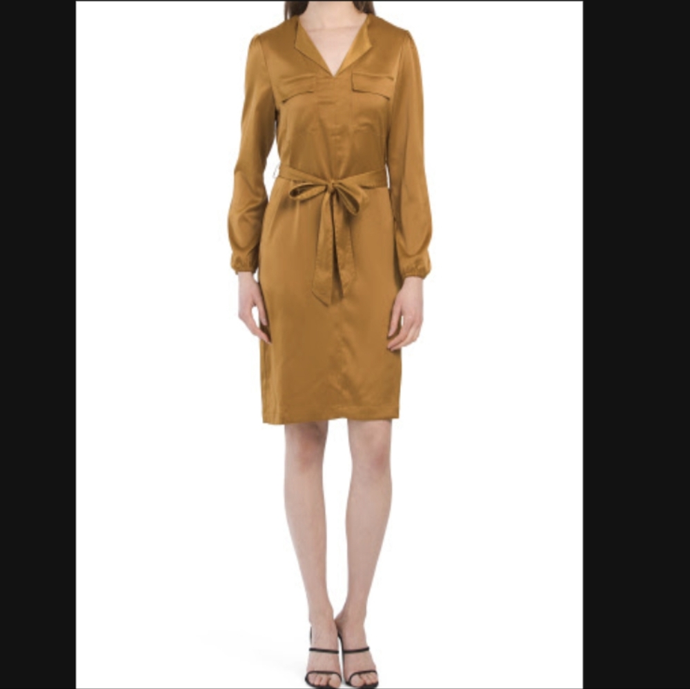 🆕 NWT Jones New York "antique gold" Austin style satin shirt dress with pockets